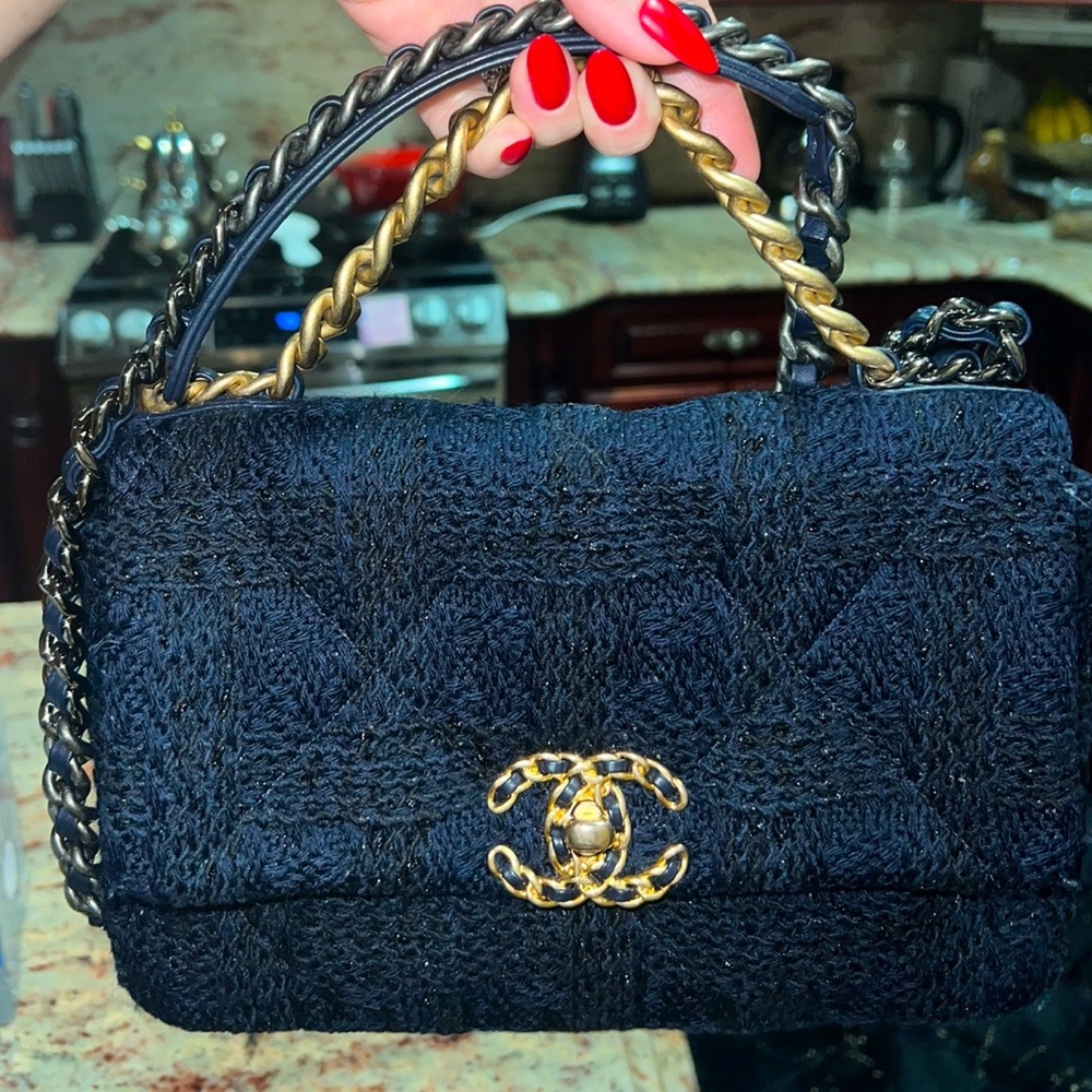 Chanel 19 blue flap tweed bag